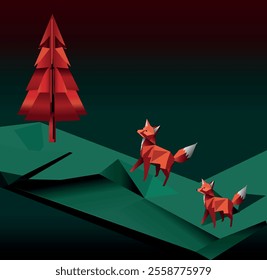 Intricate Origami Fox, Holiday Illustration, Dark Background Art, Green to Red Gradient, Festive Gradient Colors, Origami-Inspired Christmas, Christmas Origami Graphic, Geometric Fox Design, 