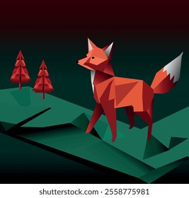 Intricate Origami Fox, Holiday Illustration, Dark Background Art, Green to Red Gradient, Festive Gradient Colors, Origami-Inspired Christmas, Christmas Origami Graphic, Geometric Fox Design, 