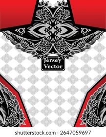 Intricate Ornamental Jersey Design with Red and Black Accents, quality jersey design vector, modern traditional jersey for sport fashion for players, trendy sport t shirt, fabric design.