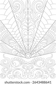 Intricate Ornamental Line Art Pattern, Detailed black and white line art illustration featuring a complex, symmetrical ornamental pattern with swirling curves, geometric shapes, and decorative