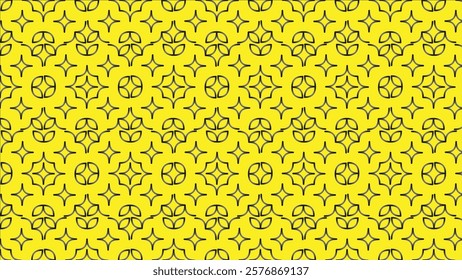 An intricate ornamental pattern featuring black line shapes and circles on a vivid yellow background. Ideal for decoration, wallpaper, textiles, or graphic design projects.