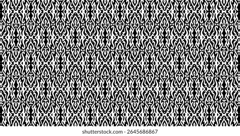 Intricate ornamental pattern with vertical symmetry. Repeating motifs with tribal and ethnic influences in black and white.