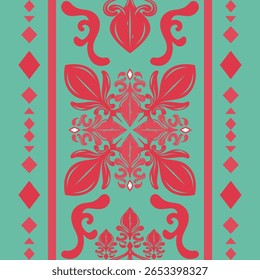 Intricate ornamental vector with mirror symmetry in red and aqua tones seamless border pattern. Elaborate Baroque textiles illustration Best for scarf designs, batik fabric, cultural themed stationery