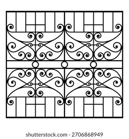 Un intrincado Vector de parrilla de ventana ornamental con elegantes patrones de remolino, Elementos curvos de hierro forjado y secciones geométricas equilibradas. Ideal para ilustraciones arquitectónicas