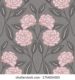 Intricate ornate hand drawn nostalgic floral seamless pattern on neutral faded brown background. Vector illustration.