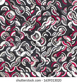 Intricate ornate tiling geo trendy graphical motif with linen fabric texture overlay. Seamless repeat vector pattern swatch.