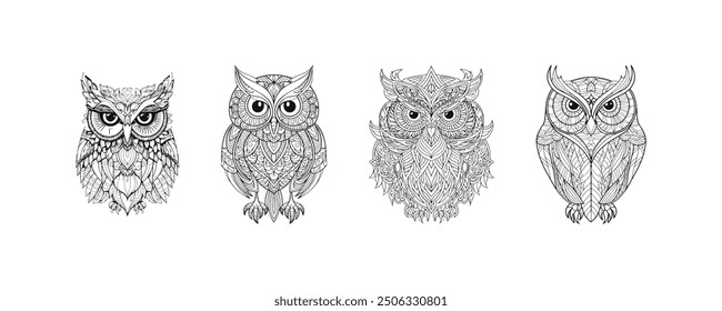 Intricate Owl Line Art Illustrations in Detailed Design. Vector icon design.