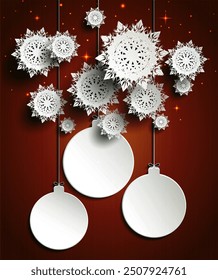 Intricate paper snowflakes and blank ornaments hang against a deep red backdrop. Ideal for holiday greetings, winter promotions, festive invitations, and seasonal decorations