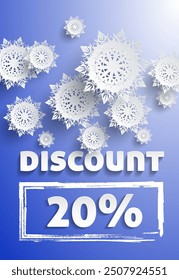 Intricate paper snowflakes float above bold discount text. Applicable to winter sales, holiday promotions, seasonal marketing, and festive advertising campaigns. Blue gradient backdrop