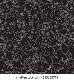 Intricate pattern of apples and leaves. Abstract lines, circles and waves. Freehand sketch. Clear outline. Bright illustration.