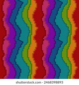 Intricate pattern composed of overlapping rows of teardrop-shaped elements in various colors