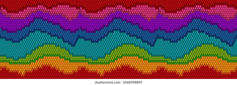 Intricate pattern composed of overlapping rows of teardrop-shaped elements in various colors