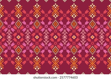 Intricate pattern design inspired by Filipino textile traditions. Features geometric motifs in warm shades of red, orange, and pink.