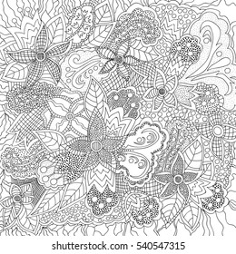 Intricate pattern of flowers and leaves. Abstract lines, circles and waves. Freehand sketch. Clear outline. 