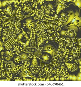 Intricate pattern of flowers and leaves. Abstract lines, circles and waves. Freehand sketch. Clear outline. Bright illustration.
