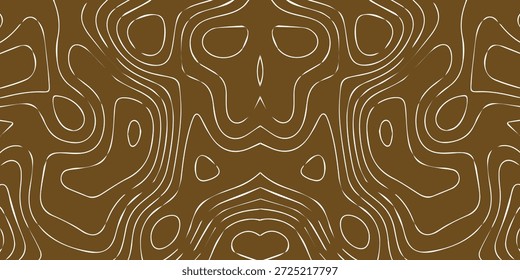 An intricate pattern of golden topographic lines creating a complex and symmetrical design on a rich brown background, evoking a sense of depth and abstract cartography.