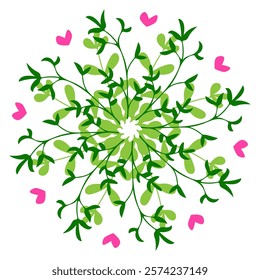 Intricate pattern of green leaves and pink hearts creating a vibrant design