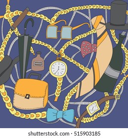 Intricate pattern with men's accessories. Umbrellas and hats are intertwined with a chain with ties and watches. Freehand sketch. Clear outline. Bright illustration on a blue background.