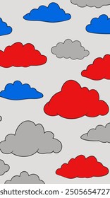 Intricate pattern of red, blue, and gray clouds on white