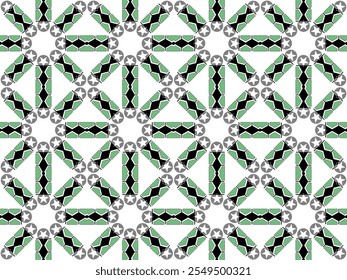 Intricate pattern showcases a blend of green, black, and white geometric shapes with star details, offering a unique and stylish look for creative designs and artistic applications. Vector