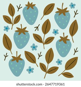 Intricate pattern of strawberries, leaves, and flowers on blue