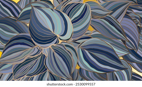 Intricate pattern of stylized striped leaves in a variety of blue tones from deep navy to light teal, with gold outlines. Luxury art deco wallpaper design for prints, posters, covers, wrappings.