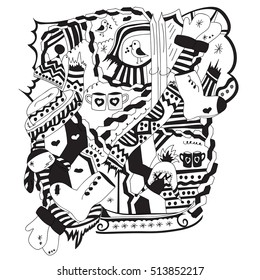 Intricate pattern with winter motifs. Knitted hats and mittens. Russian boots and scarves. Birds peck the crumbs. Skis and sledges. Cups with hearts. Freehand sketch. Black-white illustration.