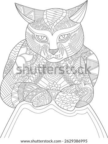 Intricate Patterned Cat Line Art for Coloring, Detailed black and white line art illustration of a stylized cat with intricate abstract and decorative patterns, perfect for adult coloring books,