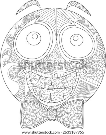 Intricate Patterned Face Coloring Page, Black and white vector illustration of a cartoon-like face with a wide, joyful grin and a bowtie, filled with detailed and complex abstract patterns, suitable