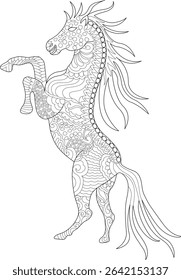 Intricate Patterned Horse for Adult Coloring Book, Detailed black and white line drawing of a rearing horse filled with intricate zentangle-style patterns, isolated on a white background. Perfect