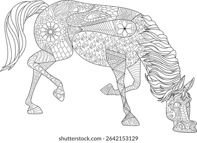 Intricate Patterned Horse Line Art Illustration, Detailed black and white illustration of a horse adorned with complex, decorative patterns and designs, perfect for adult coloring books, relaxation