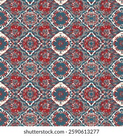 Intricate, patterned textile design in rich red, teal, and gray.