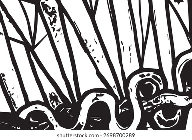 Intricate patterns of twisted vines and sharp branches captured in black and white art