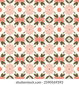 Intricate Peach and Beige Floral Tile Seamless Pattern with Symmetric Layout