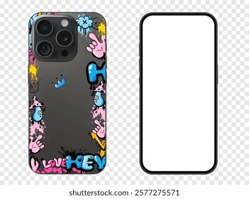 Intricate phone case features vibrant cartoon characters and abstract artwork. This decorative piece is ideal for expressing personal style and creativity in smartphone accessories.