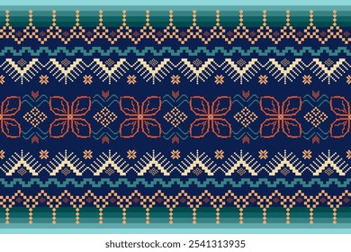 Intricate Pixel Art Floral and Geometric Pattern in Navy, Teal, and Coral Tones Traditional Slavic-Inspired Cross-Stitch Design with Symmetrical Motifs and Chevron Borders, Perfect for Folk Art Decor