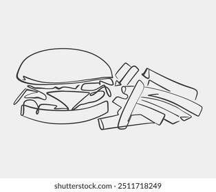 An intricate pixel art illustration depicting a delicious hamburger alongside a side of crispy french fries, showcasing vibrant colors and detail