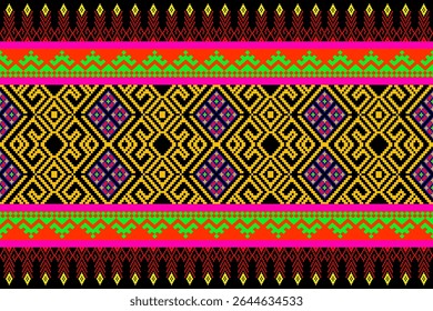 Intricate pixel art pattern featuring traditional Isan textile motifs in gold and black tones. The central diamond shapes are framed by bright red and green tribal borders. This di