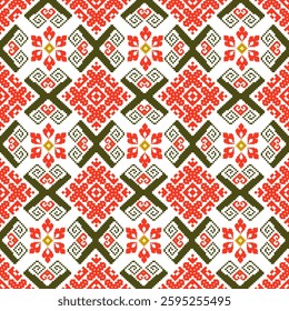 Intricate pixel art seamless geometric ethnic pattern with detailed motifs in red and dark green. ideal for textile and fabric prints, home decor, fashion, and craft projects.