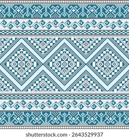Intricate pixel design with structured diamond shapes and ornamental borders in blue and grey tones, representing traditional Thai loom art.