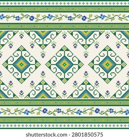 Intricate pixel pattern featuring geometric shapes and floral designs green, blue, and yellow