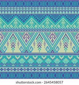 Intricate pixel pattern in vibrant turquoise and blue, blending traditional Thai textile motifs with a contemporary digital aesthetic. Ideal for fabrics, print, and cultural design themes.