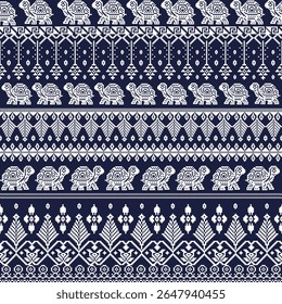 Intricate pixel style turtle pattern with geometric floral and tribal lines. Seamless black and white vector pattern inspired by Thai folk design. Perfect for textiles, packaging, bohemian decor.