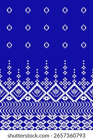 Intricate pixel Thai ethnic border pattern in white on deep blue. Ideal for textile prints, digital design, folk art, and cultural crafts. Seamless and repeat-ready.