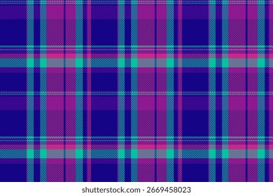 Intricate plaid pattern in deep blues, purples, and teal. A versatile textile design with a classic, cozy feel. Ideal for backgrounds, fabrics, and more.