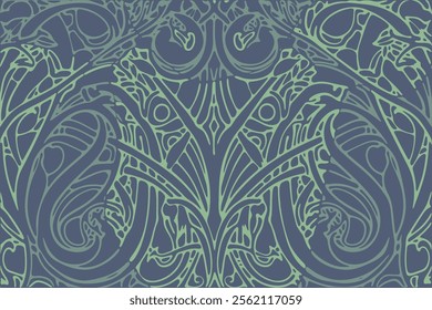 Intricate plant-inspired pattern showcasing elegant swirls and curves in blue and green