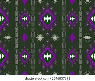 Intricate purple and green geometric pattern with diamond shapes and stars, perfect for textiles or wallpaper. design features rich color palette and symmetrical elements.