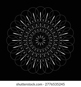 Intricate radial geometric pattern with symmetrical petal-like shapes creating a mesmerizing, hypnotic effect on a black background.