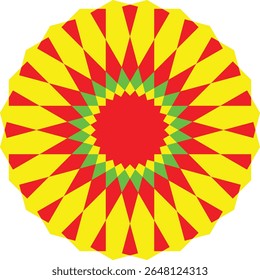 Intricate radial pattern with vibrant yellow, red, and green geometric shapes. A symmetrical design creating a starburst effect on white.