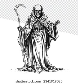 Intricate Reaper Skull Design: Hand Drawn Black and White Outline - Perfect for Doodle Art, Vector Projects